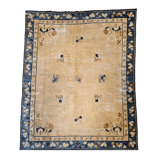 19th Century Antique Chinese Peking Rug, Handwoven Open Pattern, Tan & Blue, 12' X 14' For Sale