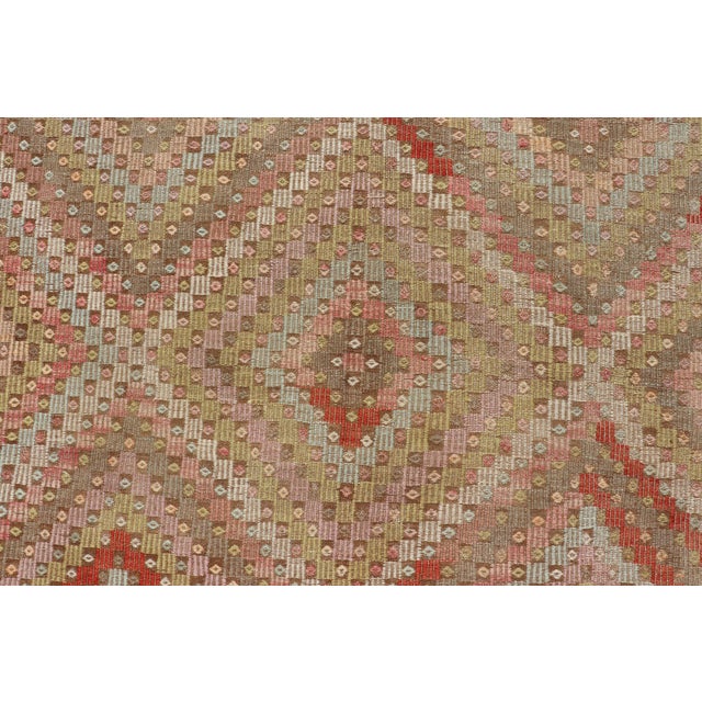 Gold Large Vintage Turkish Kilim Rug With Coral, Gold, Sage Diamond Pattern For Sale - Image 8 of 14