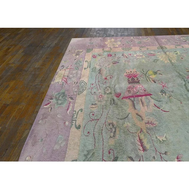 1920s 1920s Green Celadon Floral Vase Antique Chinese Art Deco Carpet 10' X 15'6" Knotted Wool Rug For Sale - Image 5 of 10