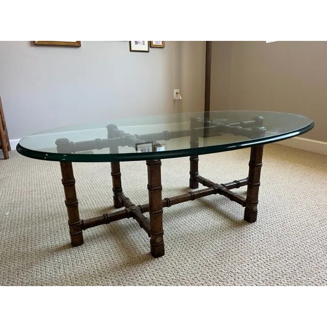 1970s Drexel Heritage Faux Bamboo Oval Glass Coffee Table For Sale - Image 10 of 10