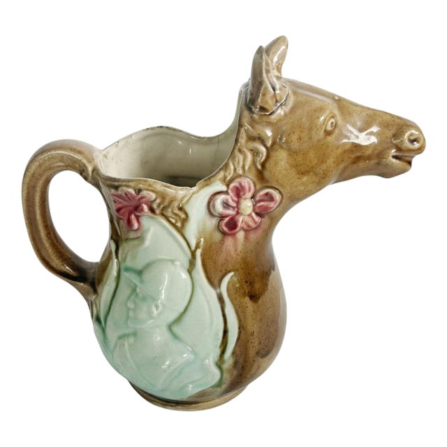 20th Century Majolica Pitcher with Horse Decoration, France For Sale