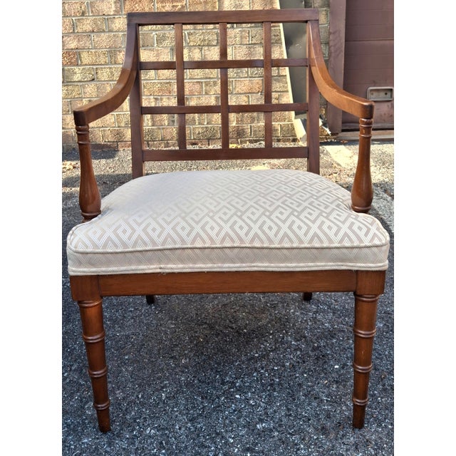 Traditional Mid-Century Regency Style Faux Bamboo Legs Mahogany and Upholstered Armchair For Sale - Image 3 of 10