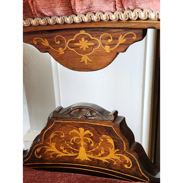 19th Century Antique Victorian Velvet Marquetry Fauteuil Parlor Armchair For Sale - Image 4 of 12