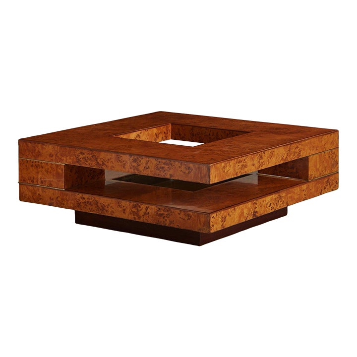 Burl Wood + Brass Pedestal Base Coffee Table Attributed to Willy Rizzo