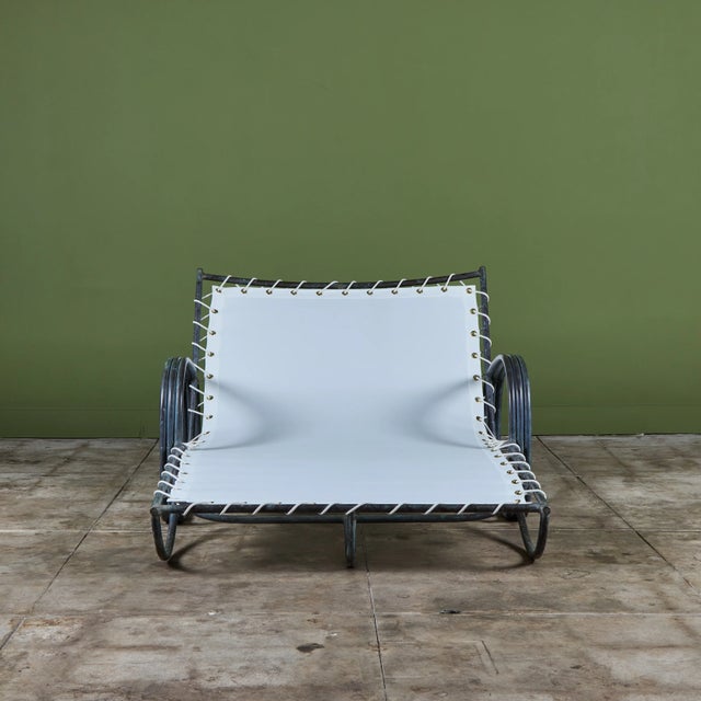 Early Walter Lamb Bronze & Canvas Double Wide Patio Chaise Lounge For Sale In Los Angeles - Image 6 of 16
