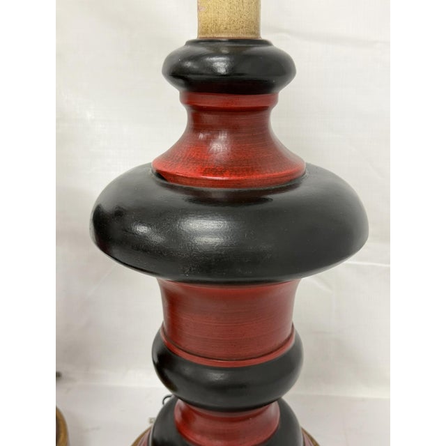 1960s Red Black & Gilt Ceramic Table Lamps, American Modern - a Pair For Sale - Image 12 of 18