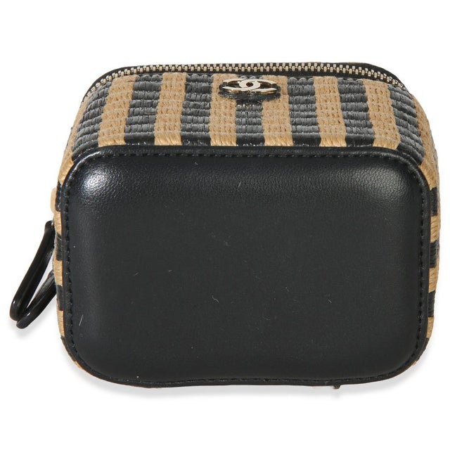 2020s Black Beige Raffia Jute Striped Mini Vanity Case With Chain For Sale - Image 5 of 9
