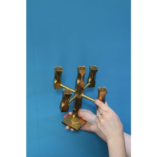 Gold Swedish Brass Five-Arm Candelabra by Lars Åkesson for Vallonmässing For Sale - Image 8 of 11