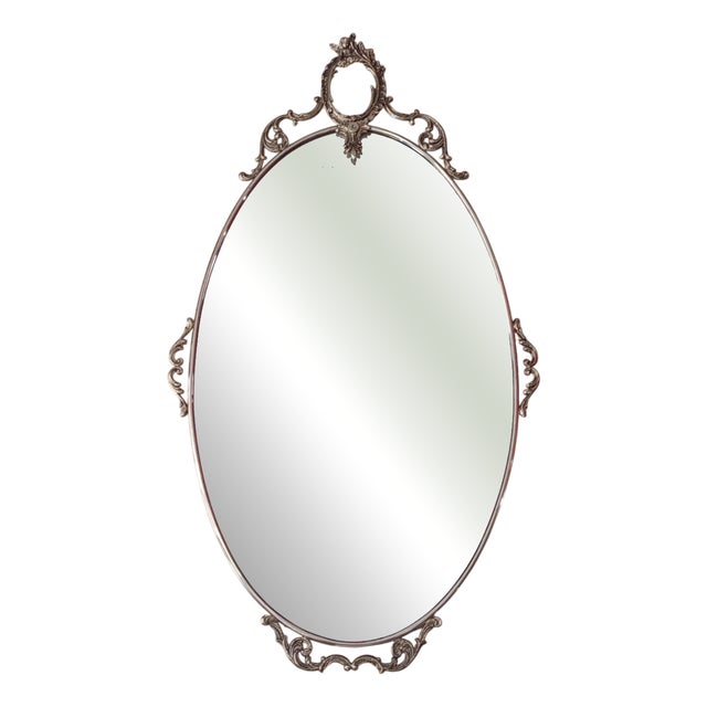 Mid-Century Oval Wall Mirror in Brass with Angel Friezes, Italy, 1977 For Sale