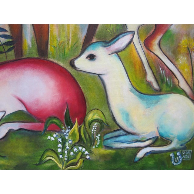 Figurative La Primavera by Zoa Ace | Oil on canvas featuring colorful deer in a natural setting For Sale - Image 3 of 3