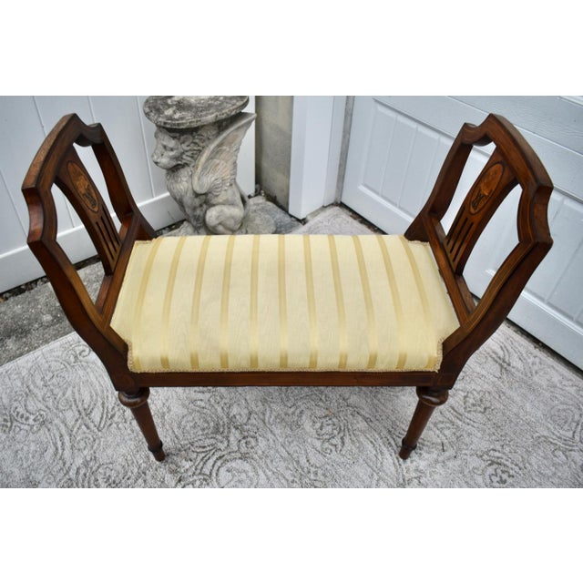 Wood Antique Regency Walnut Vanity Bench Double Arm Inlaid Wood Gold Stripe 1910s For Sale - Image 7 of 13