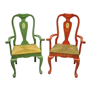 Late 20th Century Vintage Queen Anne Style Green and Red Painted Rush Seat Arm Chairs - a Pair