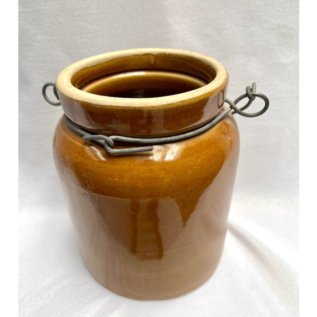 Antique Glazed French Crock W/Metal Carrier For Sale - Image 4 of 9