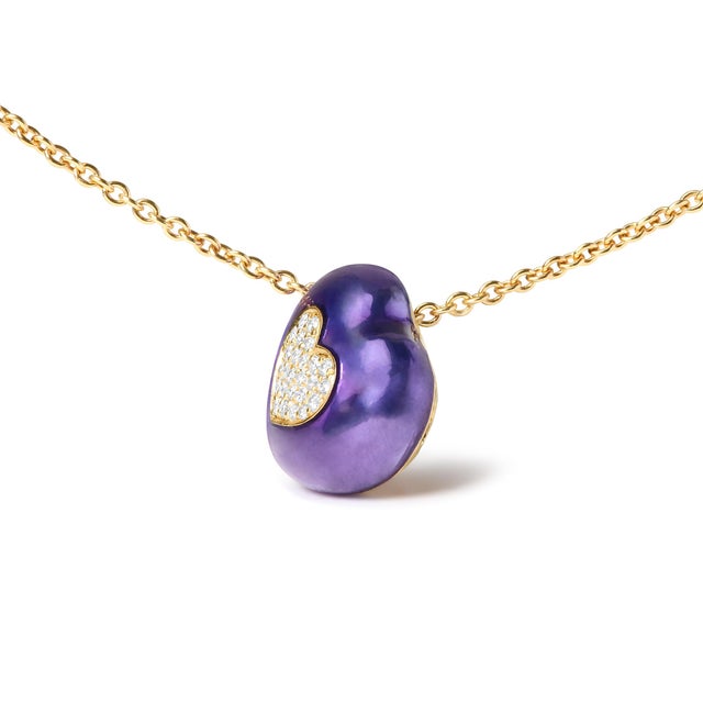 Contemporary 18K Yellow Gold Blue Enamel 1/10 Cttw Round Pave Diamonds Heart Shape 18" Pendant Necklace (G-H Color, SI1-SI2 Clarity) - Adjustable up to 16" - 18" For Sale - Image 3 of 6