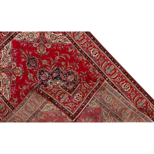 Persian Vintage Persian Tabriz Handmade Wool Red Floral Rug For Sale - Image 3 of 10