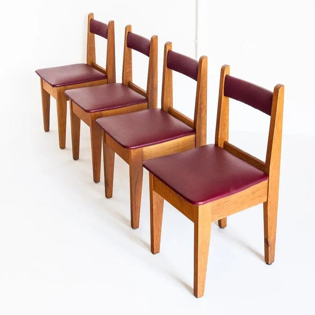 Mid-Century Modern Vintage French Chairs in Oak & Imitation Leather, 1950s, Set of 4 For Sale - Image 3 of 9
