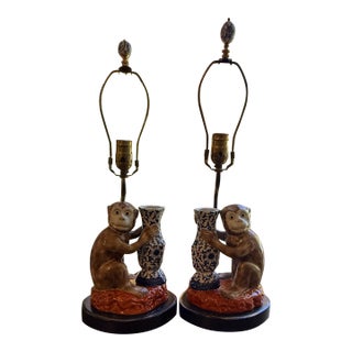 Pair Vintage Ceramic Monkey Lamps For Sale