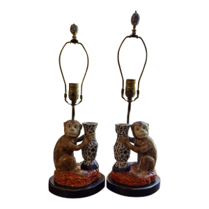 Pair Vintage Ceramic Monkey Lamps