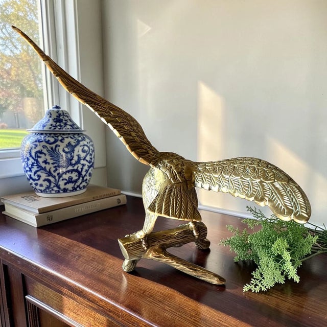 Brass Vintage Solid Brass Eagle | Mid-Century Brass Bird Figurine | 12" Wingspan | Hollywood Regency Decor | Traditional Office Shelf Accent For Sale - Image 8 of 8