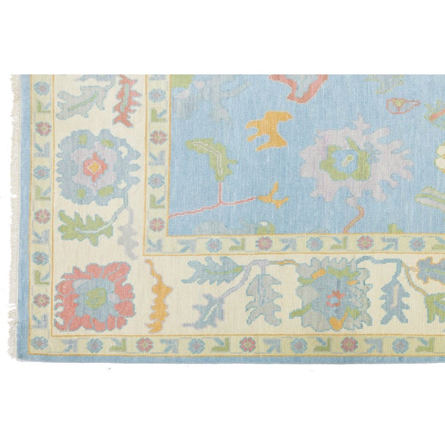 Cream 8x10 Modern Oushak Style Hand-Knotted Wool Rug - Pastel Blue & Cream Floral For Sale - Image 8 of 10