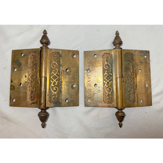 Pair Antique 19th Century Ornate Solid Heavy Brass Bronze Door Hinges Hardware For Sale - Image 11 of 12