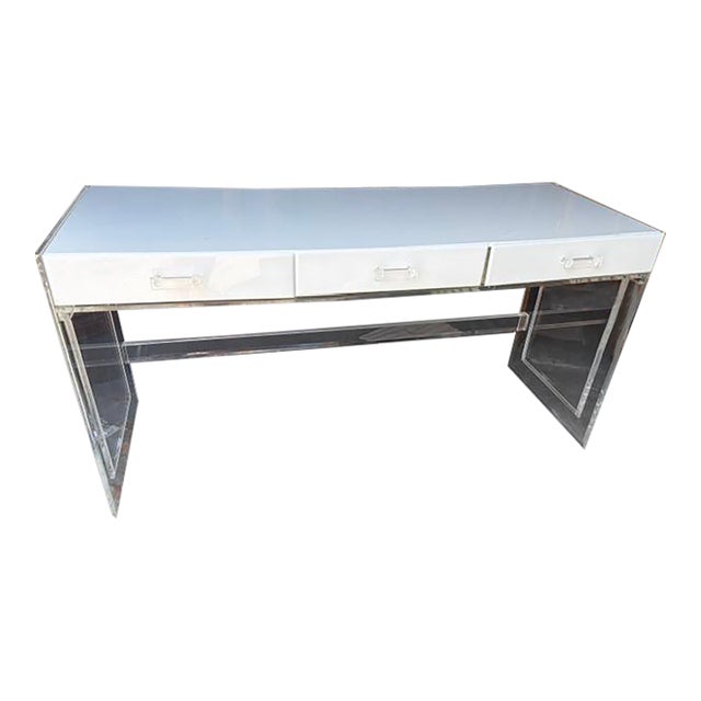 1970s White and Lucite 66 Inch 3 Drawer Writing Desk For Sale