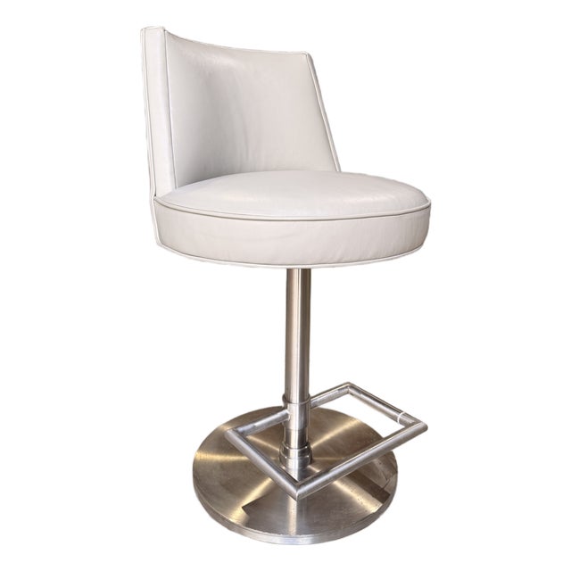 Attributed Vanguard Light Gray Leather Counter Stool With Chrome Pedestal Base For Sale