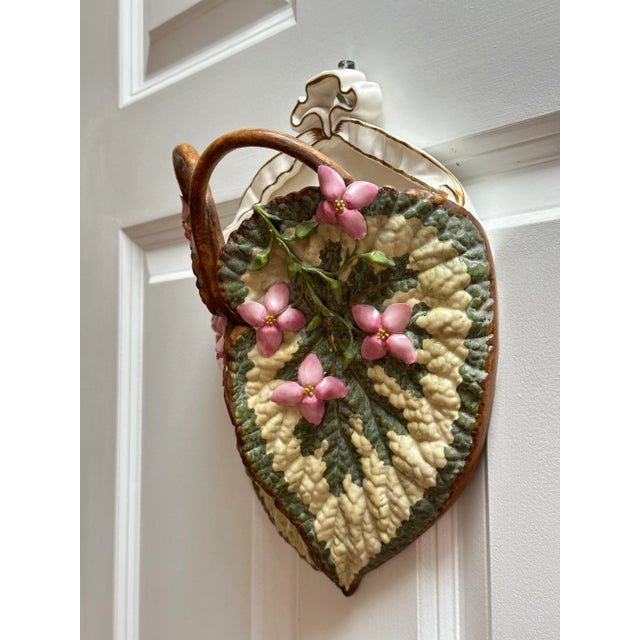 19th Century Majolica Leaf Wall Pocket – Pink Blossoms & Branch Handles – Relief Molded Continental Pottery, George Jones Style For Sale In Boston - Image 6 of 16