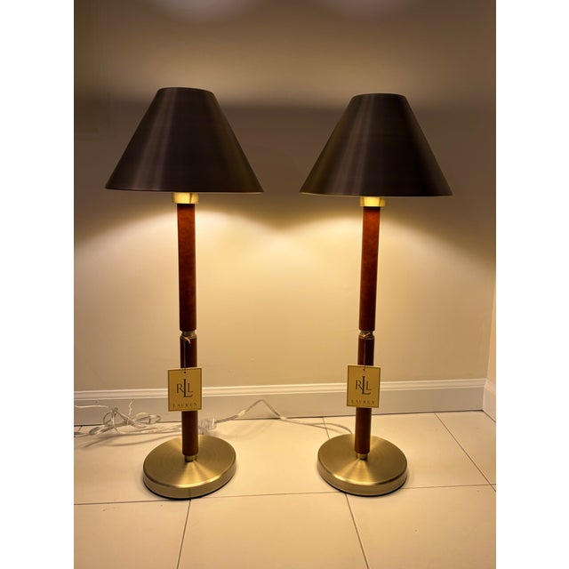 Lauren Ralph Lauren Ralph Lauren Brass and Leather Candlestick Buffet Lamps - Pair For Sale - Image 4 of 7