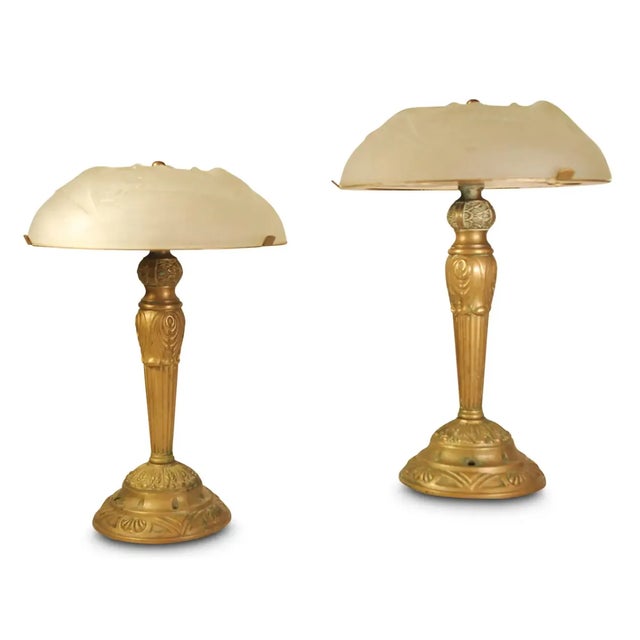 French Art Deco Frosted Glass and Brass Table Lamps, 1970s, Set of 2 For Sale - Image 6 of 14