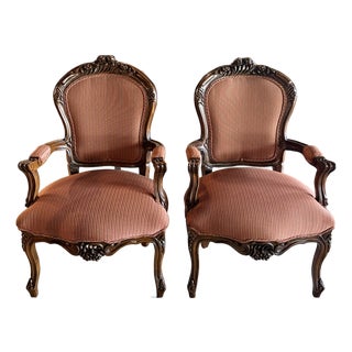 Pair of Vintage Walnut Louis XV-Style Upholstered Arm Chairs For Sale