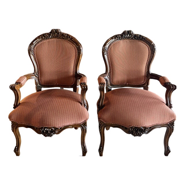 Pair of Vintage Walnut Louis XV-Style Upholstered Arm Chairs For Sale