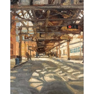 Beneath the El 1 by Jim Beckner | Oil on canvas board City street scene under an elevated train. For Sale