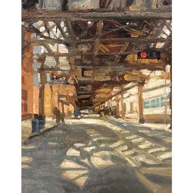 Beneath the El 1 by Jim Beckner | Oil on canvas board City street scene under an elevated train. For Sale
