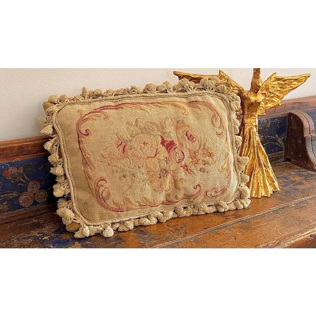 ‘French Aubusson-Style’ Tapestry Cushion, Pillow, Wool Petit Point Needlepoint Botanical Design, Solid Cotton Velvet Zippered Back by Chelsea Textiles For Sale - Image 11 of 12