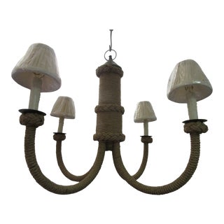 Jamie Young Jute Rattan Rope Nautical Four Light Chandelier With Linen Shades For Sale