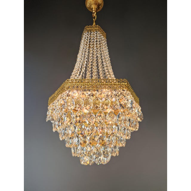 Brass Pair of1950s Brass Empire Sac a Pearl Chandelier Crystal Lustre For Sale - Image 8 of 12