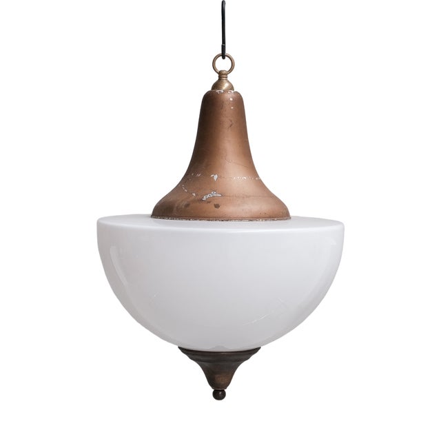 Large Mid-Century French Metal and Opaline Glass Pendant Light, 1950s For Sale