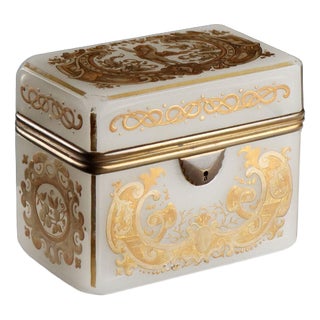 White Opal Glass Jewelry Box with Gilt Enamel For Sale
