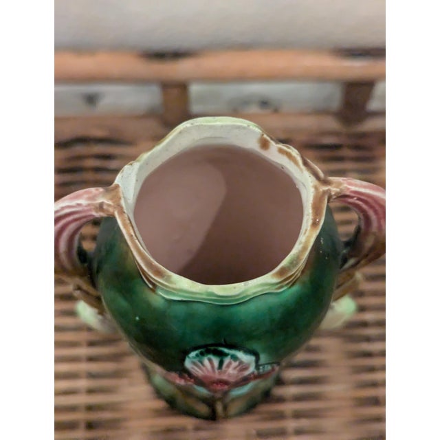Antique French Majolica Iris Vase Twin Handle Green Pink Continental Mold 1207 For Sale In Orlando - Image 6 of 9
