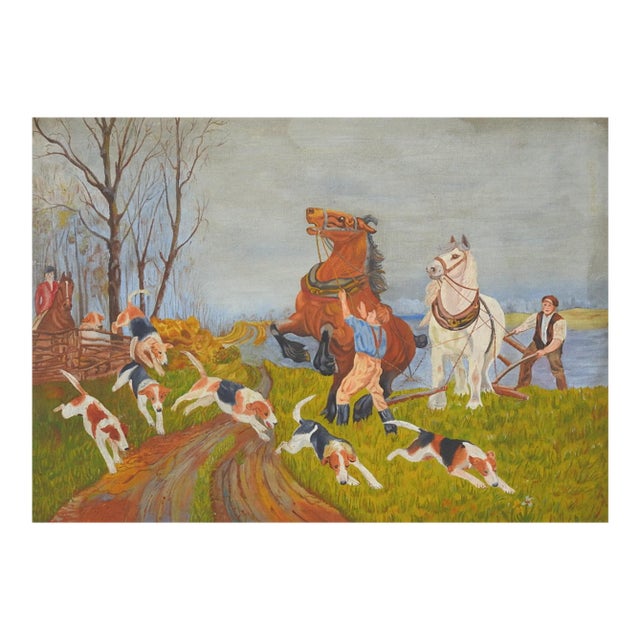 Early 20th Century Folk Art Horses and Hounds Painting For Sale