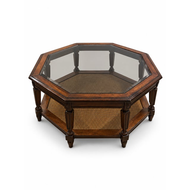 Brown Vintage Hexagonal Wood, Smoked Glass and Cane Coffee Table For Sale - Image 8 of 10