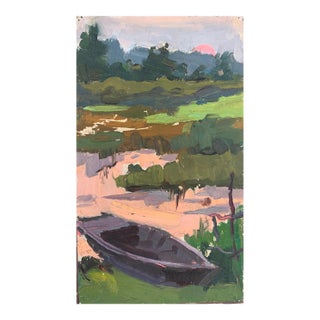 Summer Painting River Rural Landscape Impressionism Antique Oil Painting Original Soviet Art Ukrainian Artist Sokolovsky G. 30-17 1970s For Sale