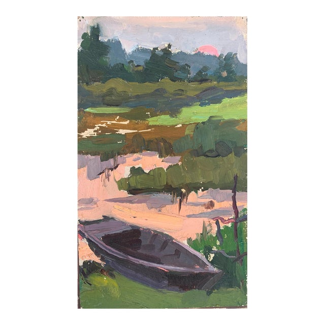 Summer Painting River Rural Landscape Impressionism Antique Oil Painting Original Soviet Art Ukrainian Artist Sokolovsky G. 30-17 1970s For Sale