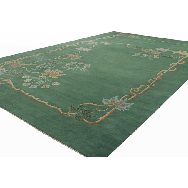 Rug & Kilim Rug & Kilim’s Oversized Chinese Art Deco Style Rug in Green With Floral Patterns For Sale - Image 4 of 7