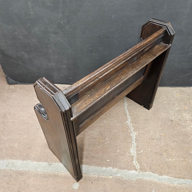 Wood Antique Oak English Church Pew Bench With Low Carved Arms For Sale - Image 7 of 13