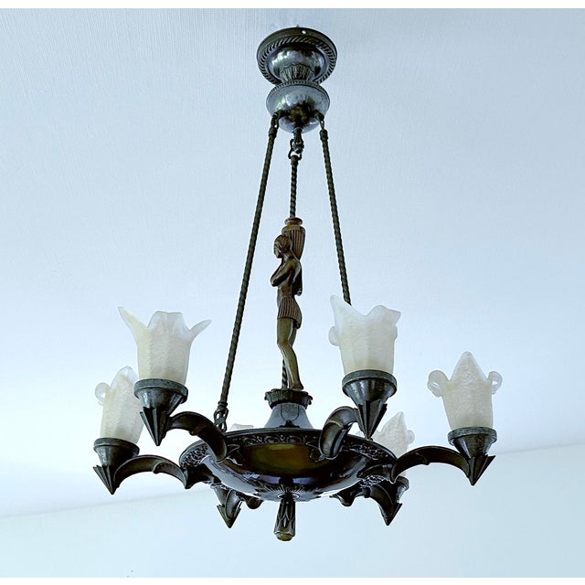 Modern Large Art Deco Sculptural Chandelier in Bronze and Glass, 1930s For Sale - Image 3 of 18