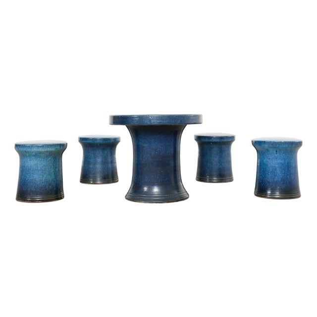 Japanese Showa Ceramic Tea Garden Dining Table and Stools For Sale