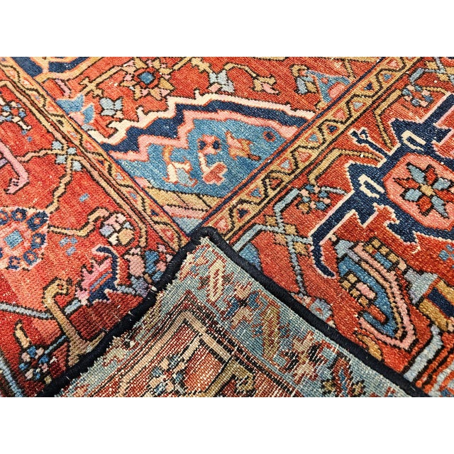 19th Century Persian Heriz Serapi Rug, Hand-Knotted Wool, Allover Geometric Pattern, Blue & Red, 8x11 For Sale - Image 4 of 18