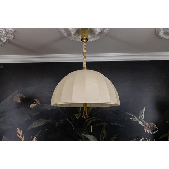 Large Brass and Fabric Lampshade Five-Light Adjustable Height Pendant Lamp, 1980s For Sale - Image 16 of 18